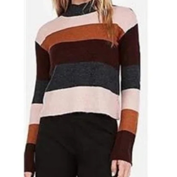 Express Grunge Girly chunky Multicolor stripe fuzzy mock neck cropped sweater XL - Picture 1 of 8